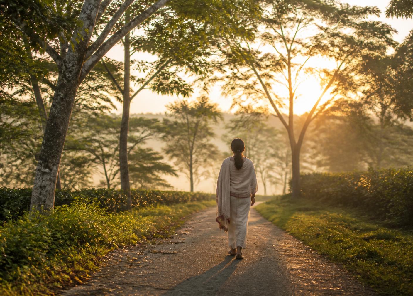 A person walking on a quiet tree-lined path at sunrise